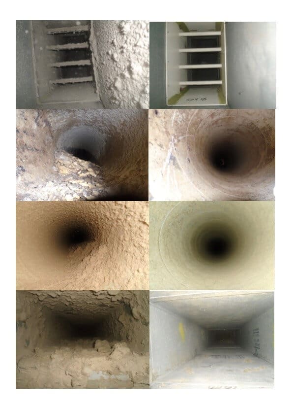 A grid of eight images showcases air ducts in varying states. The top row features dusty ducts, while below, progressively cleaner ones highlight the benefits of cleaning air ducts, culminating in spotless, smooth surfaces.