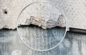 A magnifying glass focuses on a rough, textured surface, highlighting torn paper layers on a concrete or stone background—ideal for detecting asbestos. The close-up reveals intricate details of the surface's worn and weathered appearance.