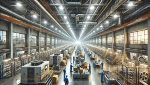 The vast, well-lit factory interior buzzes with activity as the facility manager oversees rows of machinery and diligent workers in blue uniforms. The ceiling is lined with ducts and lights, while tall windows reflect the bright, orderly environment.